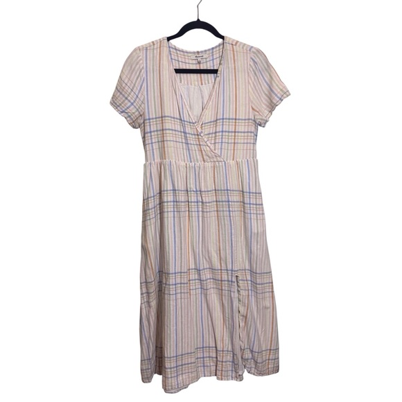 Madewell Size Small Pastel Plaid Clara Midi Dress Linen Blend Boho Cottagecore - Picture 2 of 8